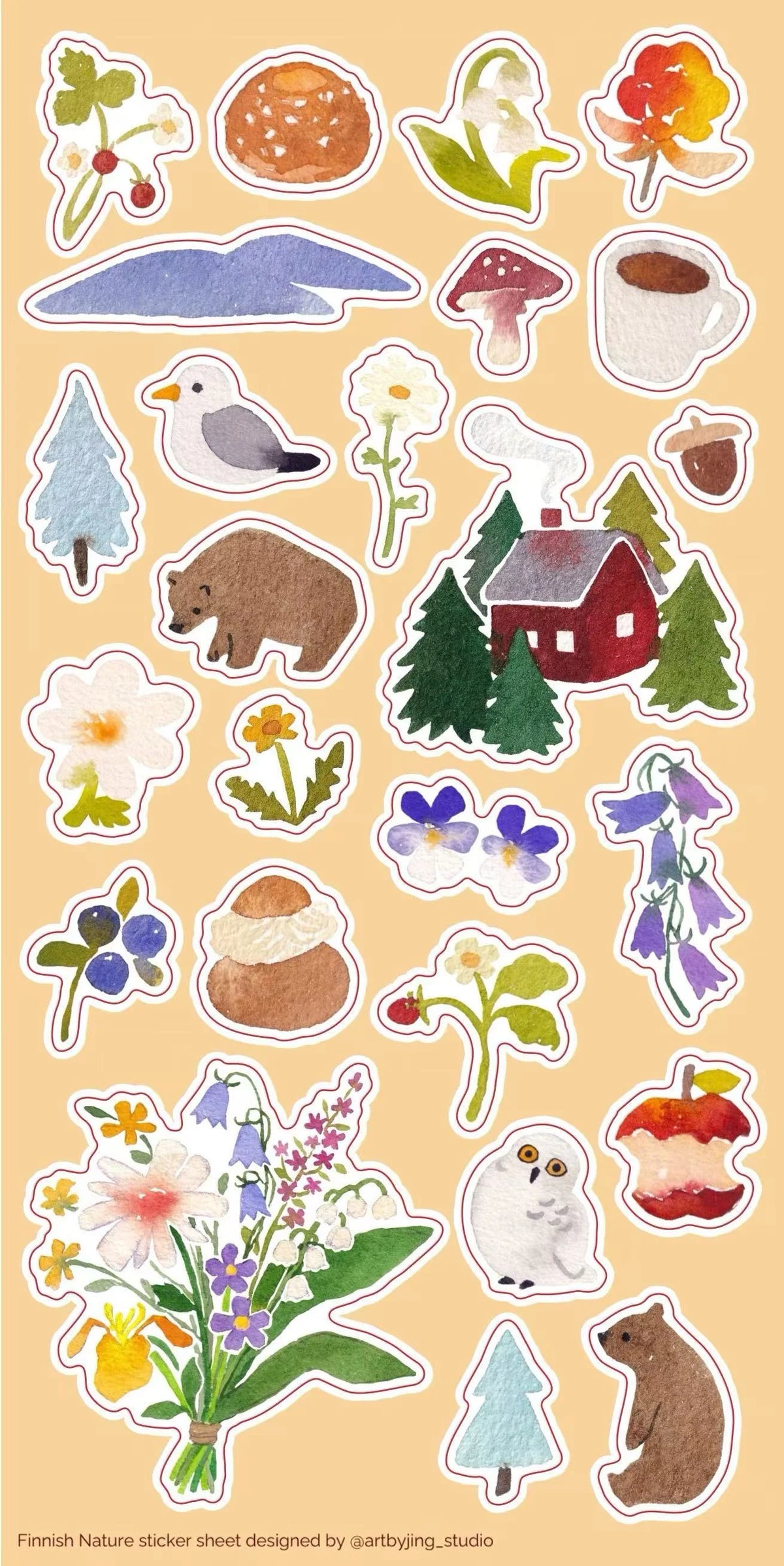 Nature-themed washi sticker sheet with animals, flowers, mushrooms, trees, and a mug
