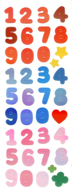 Sticker sheet with colorful number, star, heart, and clover shapes