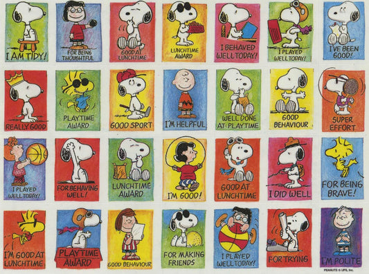 Vintage Snoopy encouragement sticker sheet with assorted characters and sayings