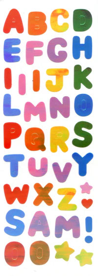 Colorful alphabet sticker sheet with letters A–Z and star accents