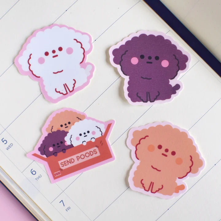 4-piece poodle vinyl sticker set with pastel faces and a "SEND POODS" design
