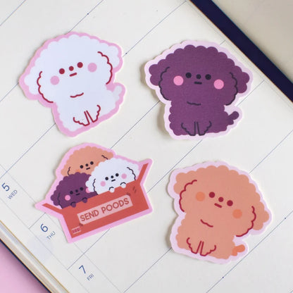 4-piece poodle vinyl sticker set with pastel faces and a "SEND POODS" design