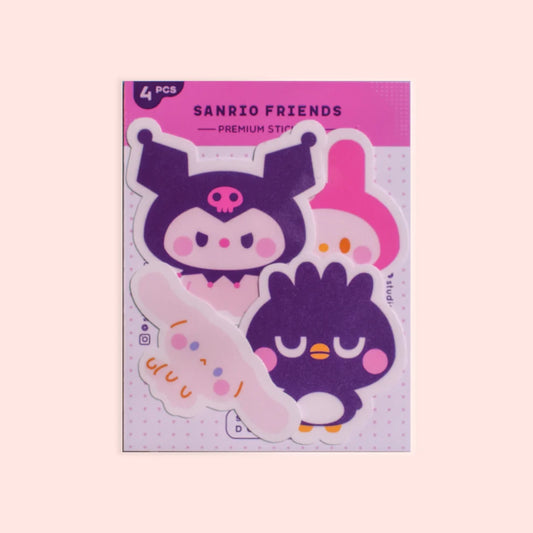 Set of four vinyl character stickers, Sanrio Friends styles, on purple backing card