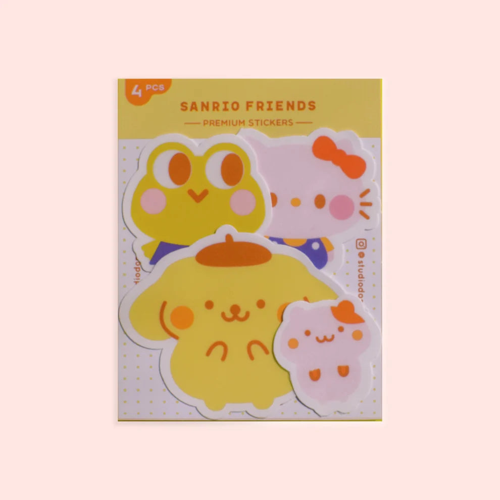Vinyl sticker pack with 4 Sanrio Friends character designs on a backing card