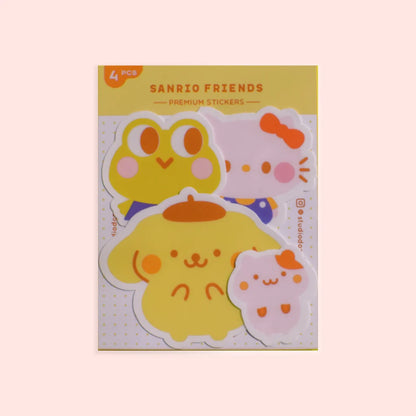 Vinyl sticker pack with 4 Sanrio Friends character designs on a backing card