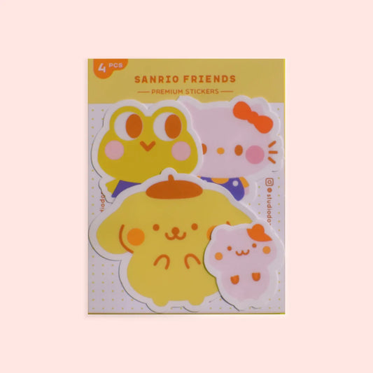 Vinyl sticker pack with 4 Sanrio Friends character designs on a backing card