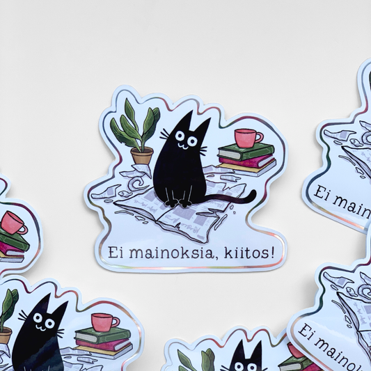 Set of vinyl cat stickers with black cat, books, red mug, and potted plant designs
