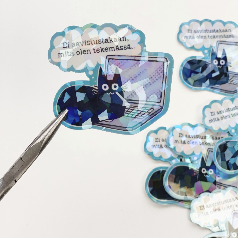Holographic laptop sticker with black cat and blue cloud bubble text