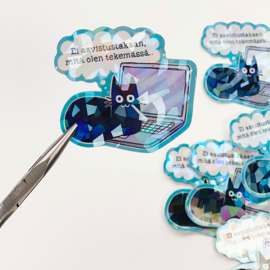 Holographic laptop sticker with black cat and blue cloud bubble text