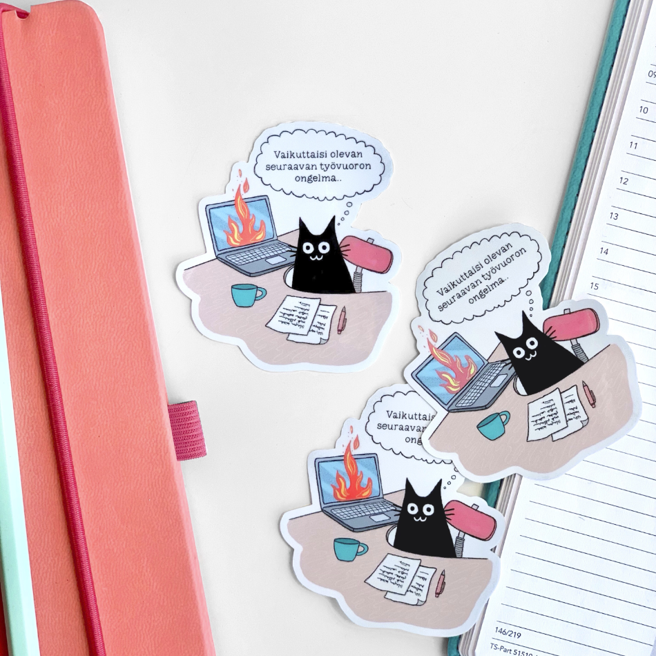 Vinyl sticker set: black cat by flaming laptop with drink, notes, and speech labels