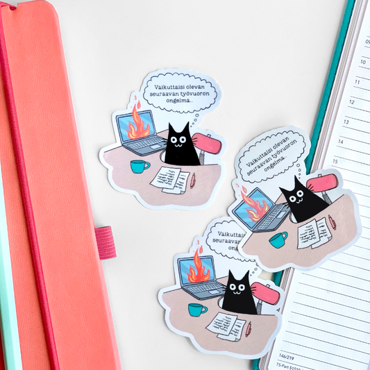 Vinyl sticker set: black cat by flaming laptop with drink, notes, and speech labels