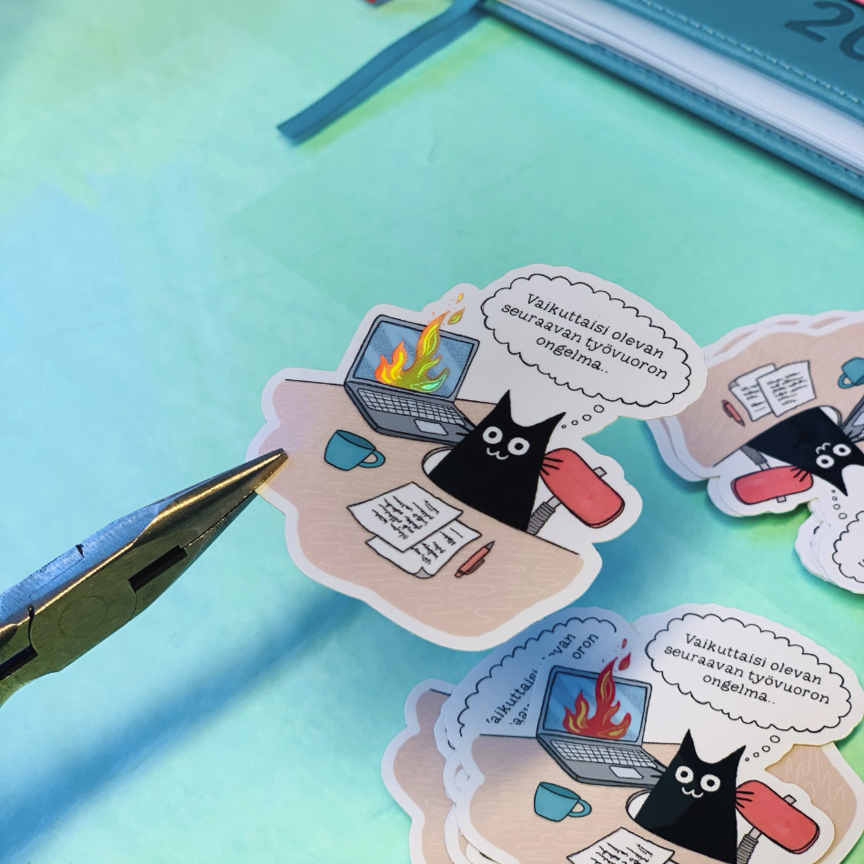 Vinyl sticker: black cat by a flaming laptop with drink and note speech bubbles