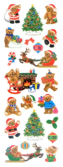 Sparkly Christmas bear sticker sheet with colorful bear, tree, and holiday icons