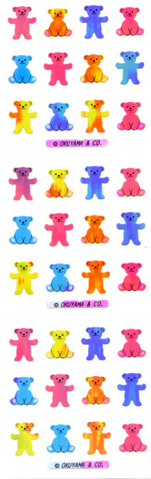 Bear sticker sheet with colorful bear figures in rows, assorted pink blue orange.