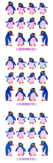 Penguin sticker sheet with 20+ funny penguins in blue, orange, and pink outfits