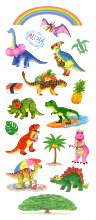 Sparkly dinosaur sticker sheet with ALOHA banner, rainbow, palm trees, and tropical plants