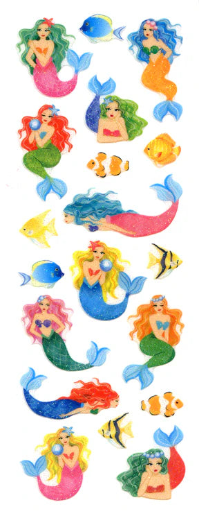 Sparkly mermaid sticker sheet with colorful mermaids, fish, shells, and sea waves