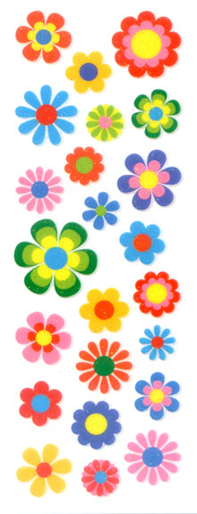 Sparkly flower sticker sheet with assorted bright groovy floral designs