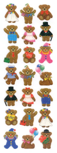 Sparkly bear sticker sheet with multiple cartoon bear figures, each in colorful outfits