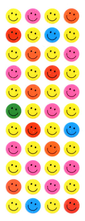 Sparkly smiley sticker sheet with colorful round faces in pink, yellow, blue, green, orange