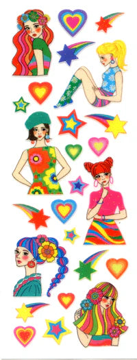 Girls sticker sheet with colorful illustrated outfits, hearts, stars, and rainbow accents