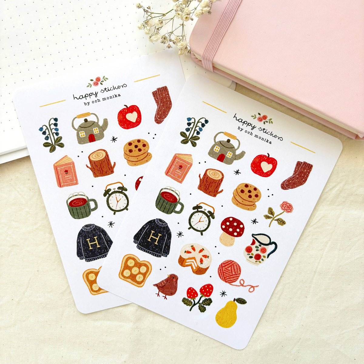 Two sticker sheets with cozy illustrations: teapot, hearts, socks, cookies, and flowers