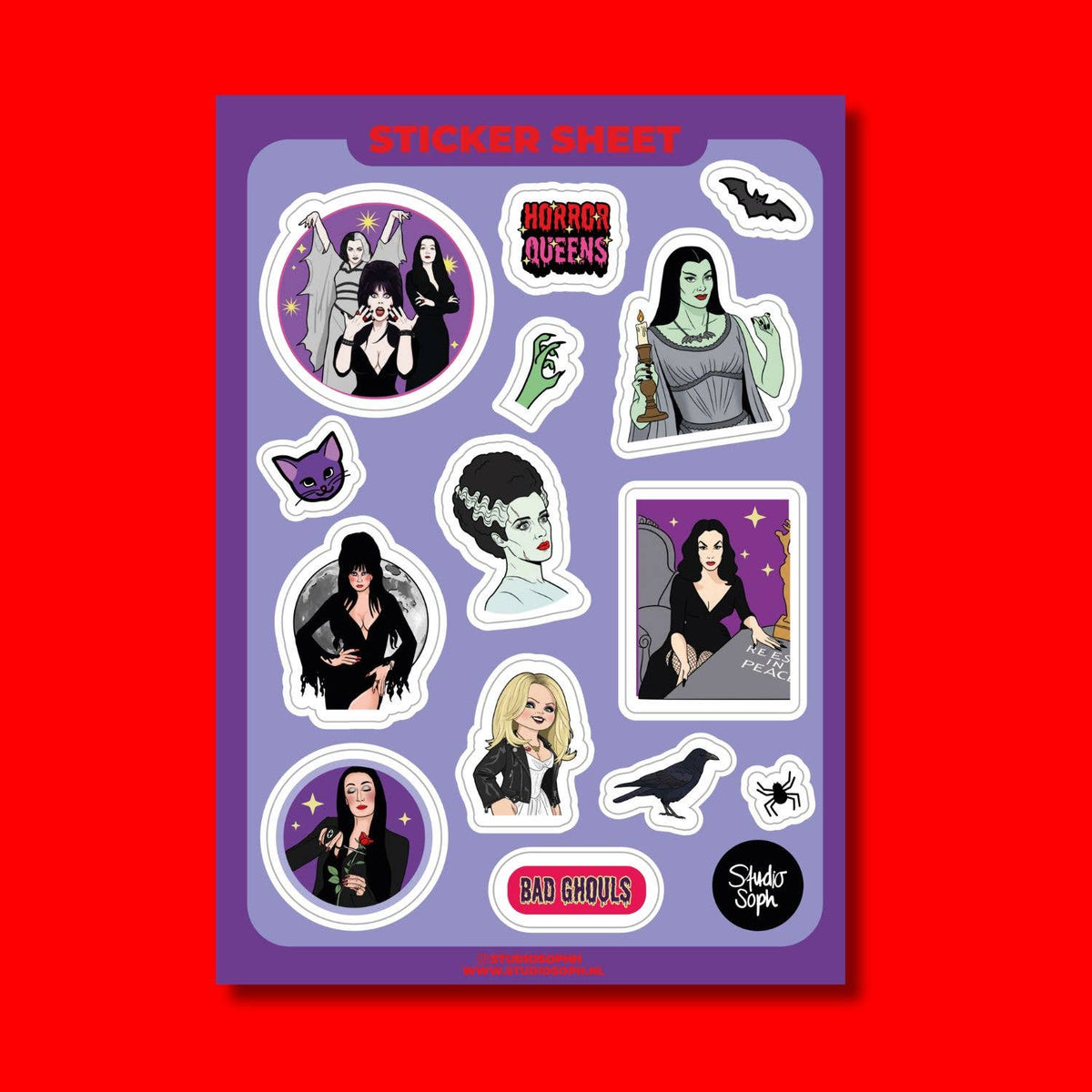Purple Halloween sticker sheet featuring Horror Queens girls, cat, and spooky icons