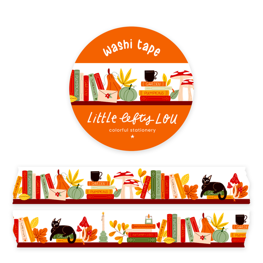 Fall-themed washi tape roll with books, pumpkins, leaves, and cat icons