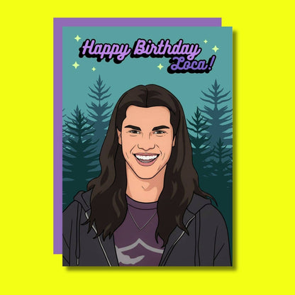Teal birthday card with smiling vampire portrait, pine trees, and 'Happy Birthday Loca!'