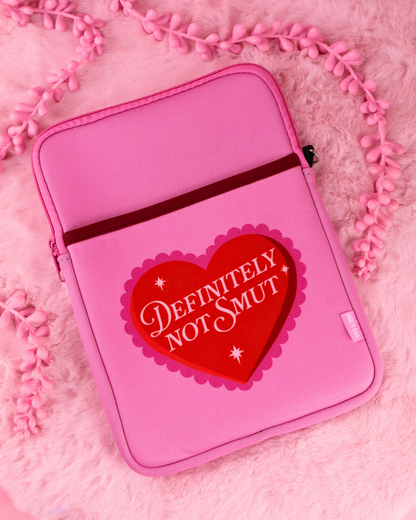 Definitely Not Smut e-reader sleeve, pink, zip-top with heart logo front