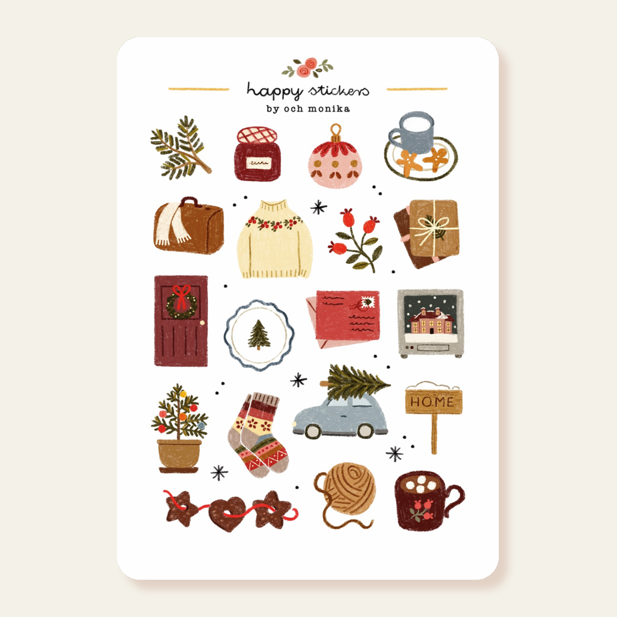Winter sticker sheet featuring mugs, gifts, sweater, wreath, and holiday home sign.