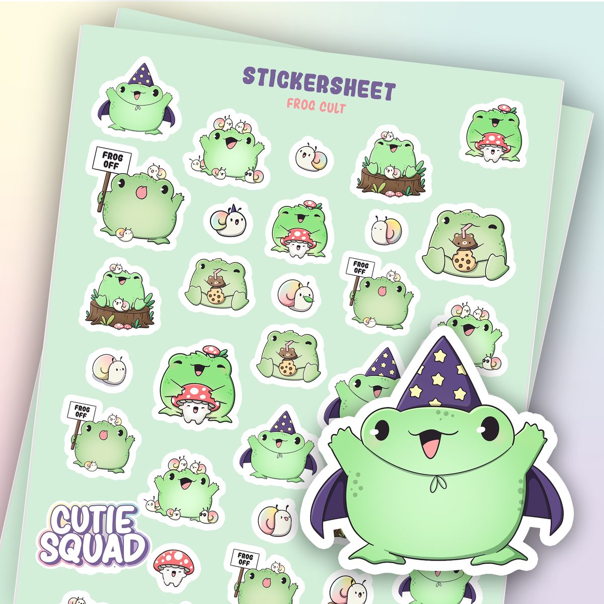 Vinyl sticker sheet with cute green frog characters in assorted poses, plus CUTIE SQUAD text