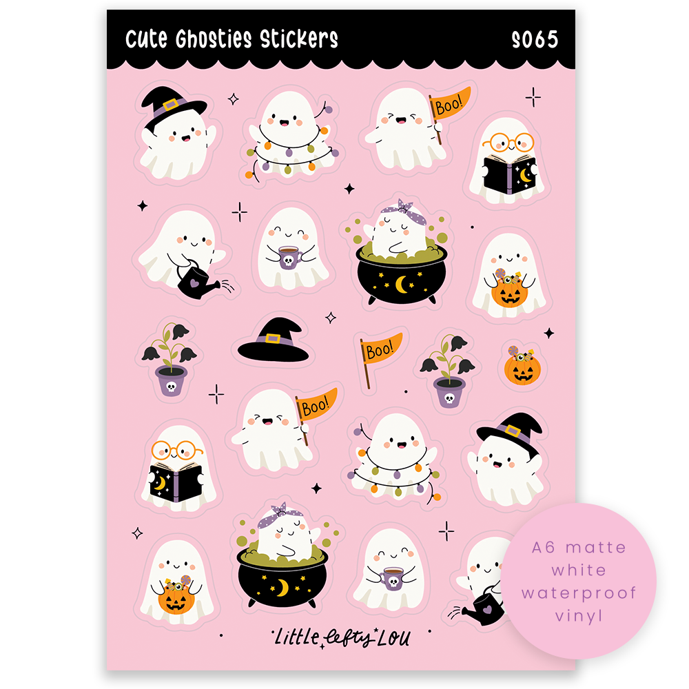 Pink sticker sheet with cute ghosties, cartoon Halloween designs, waterproof vinyl seal