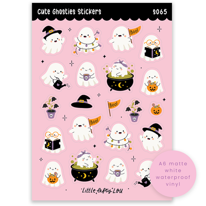 Pink sticker sheet with cute ghosties, cartoon Halloween designs, waterproof vinyl seal
