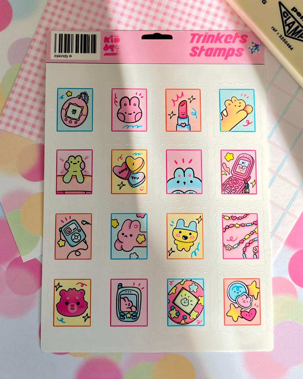 Trinkets stamps sticker sheet of boxed pastel stickers: animals, hearts, and doodle items