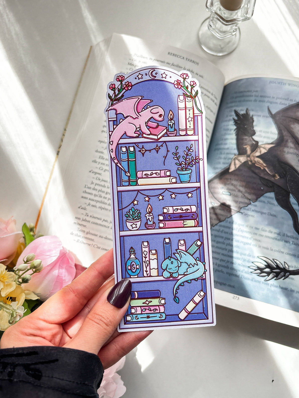 Fantasy bookmark with cartoon fox in a purple bookcase design