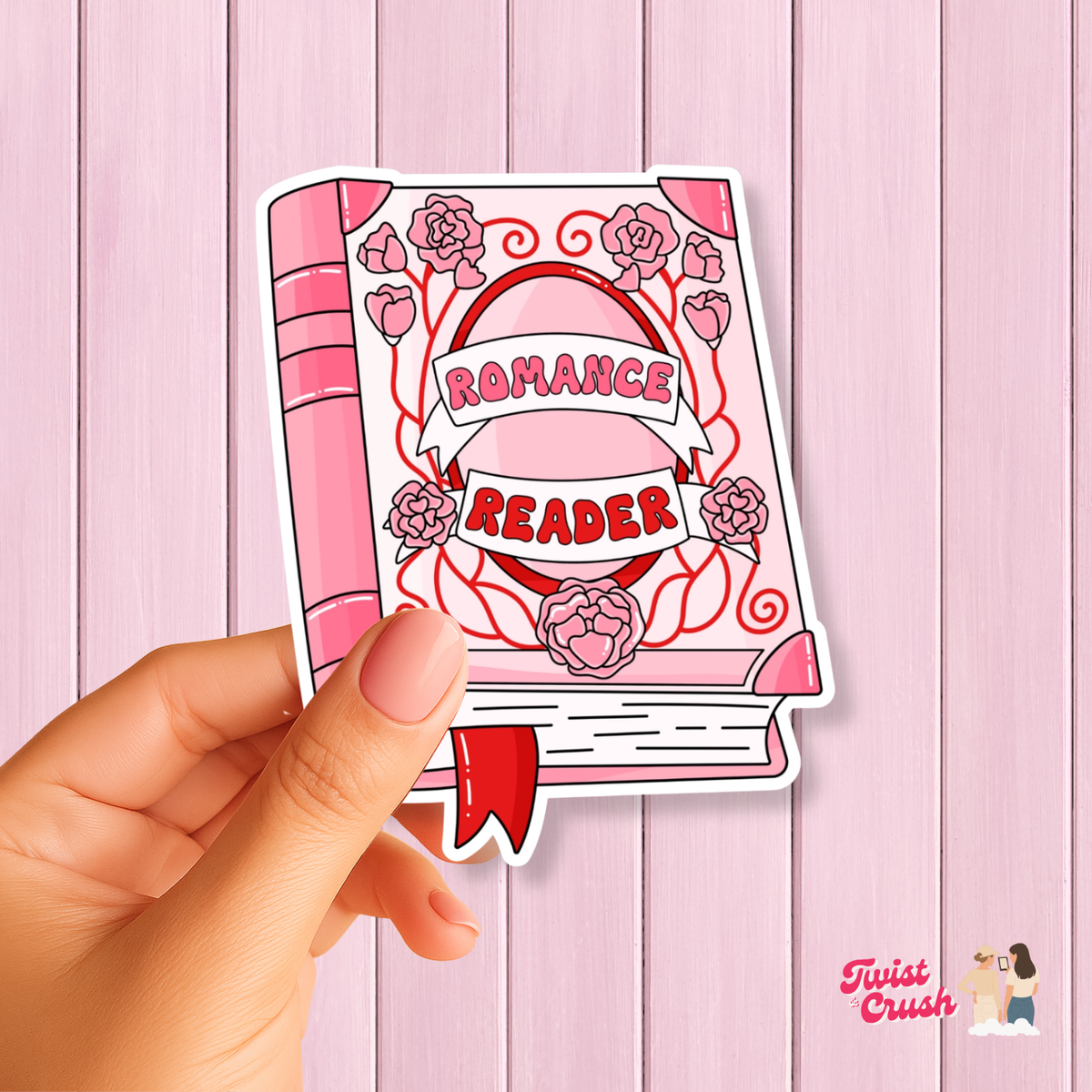 Square romance reader sticker with roses and ribbon text 'ROMANCE READER'