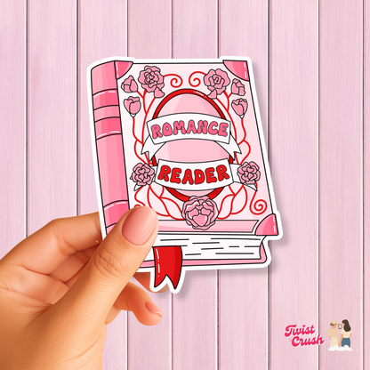 Square romance reader sticker with roses and ribbon text 'ROMANCE READER'