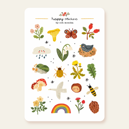 Nature-themed sticker sheet with flowers, mushrooms, insects, bird, and rainbow motifs