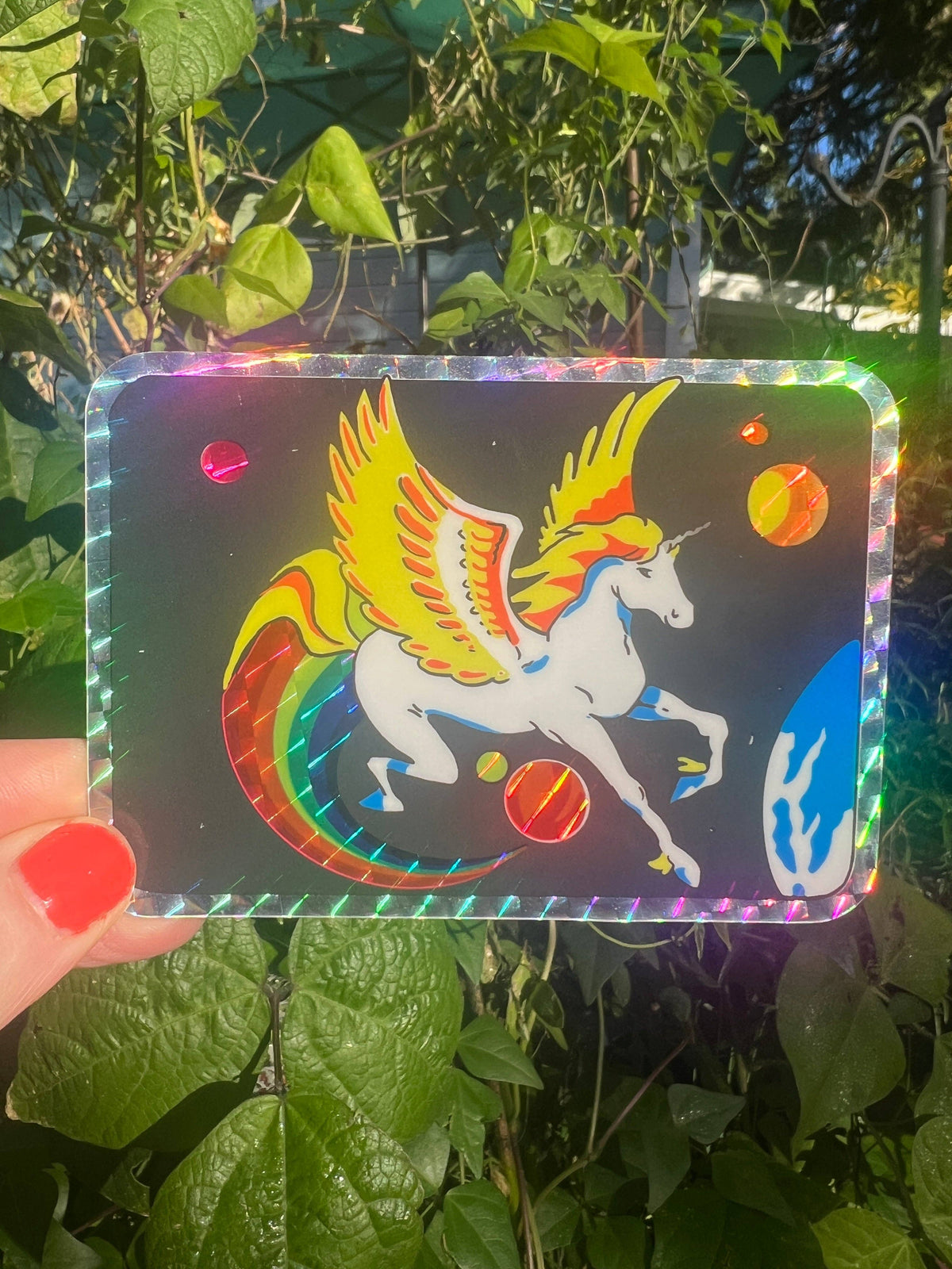 Holographic rectangular pegasus glitter sticker, winged unicorn with rainbow and jewels