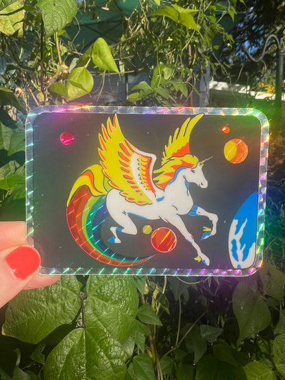 Holographic rectangular pegasus glitter sticker, winged unicorn with rainbow and jewels