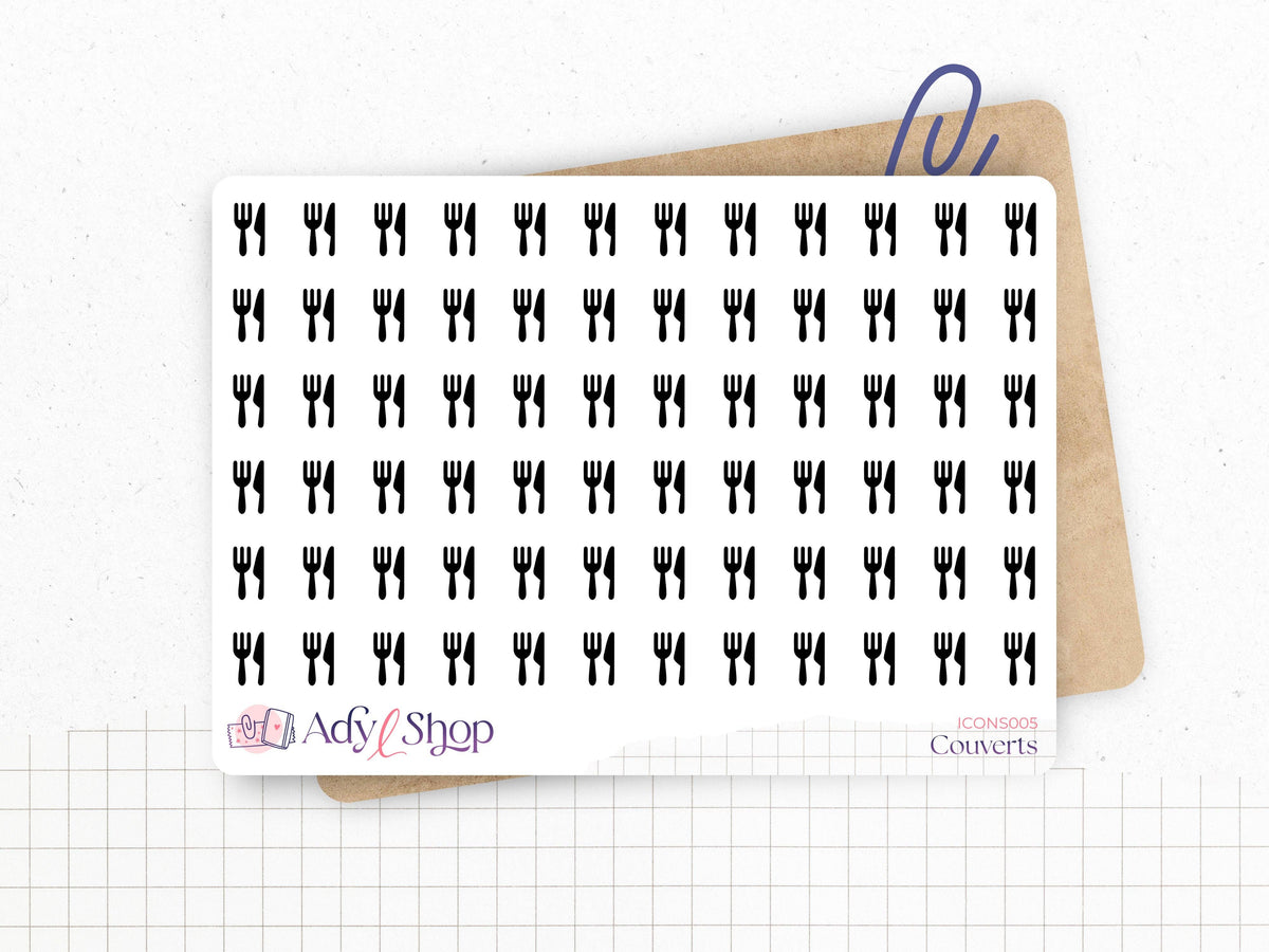 Mini food icon sticker sheet with repeated fork symbols, white border