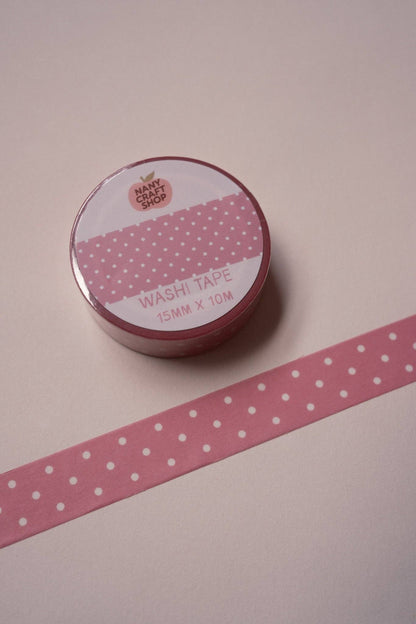 Pink polka-dot washi tape roll, 15mm x 10m, pink dot pattern
