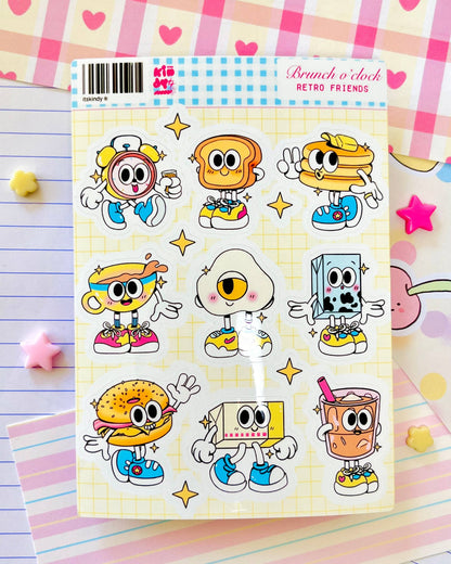 Retro Friends sticker sheet with smiling cartoon breakfast characters