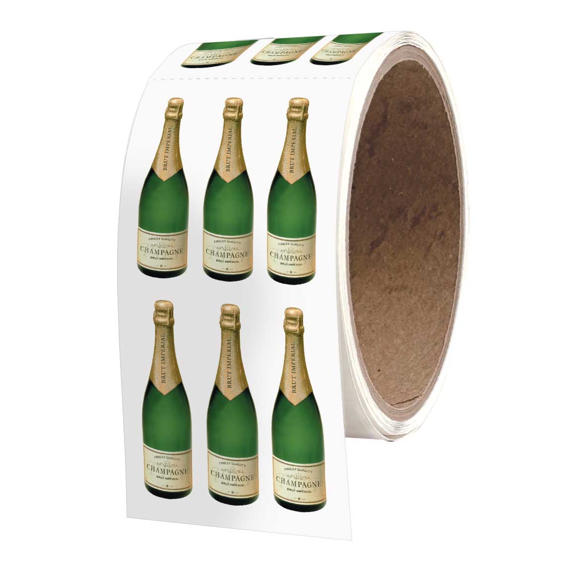 Champagne bottle sticker roll with green bottles and gold labels, white backing