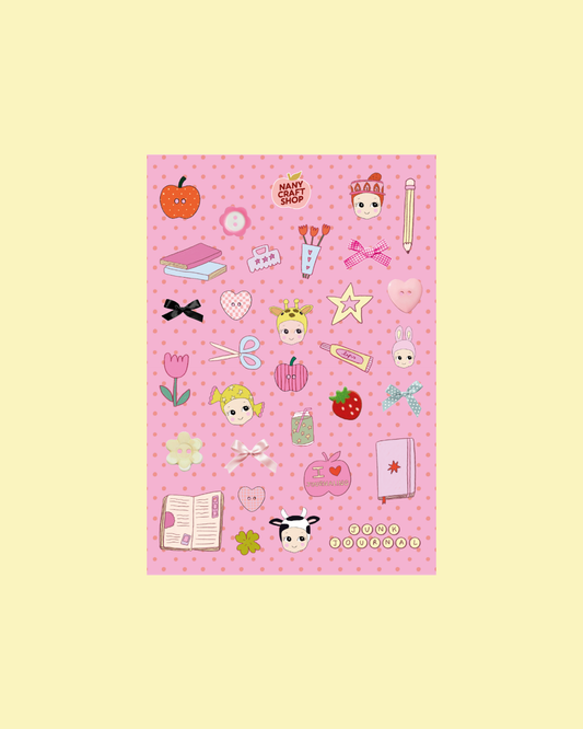 A5 pink sticker sheet with assorted kawaii school and heart-themed icons