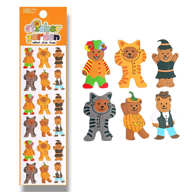 Glossy Halloween animal sticker sheet with nine bear and cat characters in bright colors