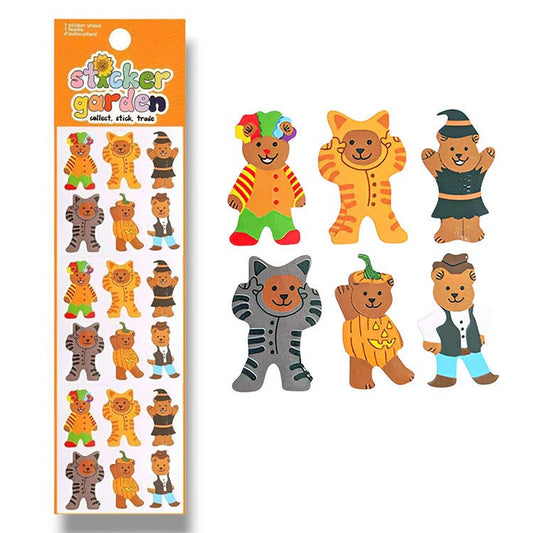 Glossy Halloween animal sticker sheet with nine bear and cat characters in bright colors
