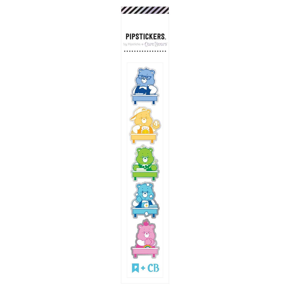 Mini sticker sheet with five Care Bears at desks, blue, yellow, green, pink figures