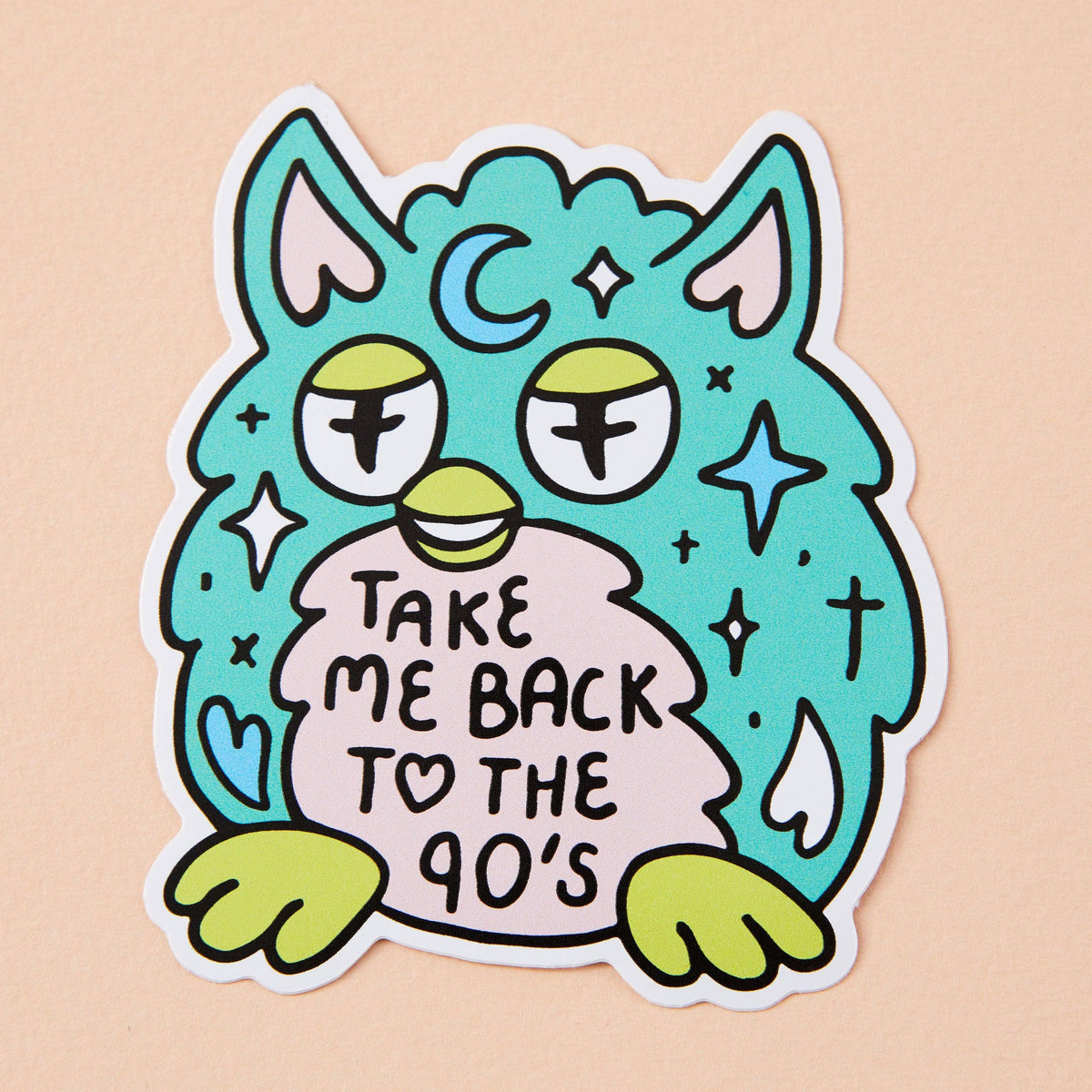 Teal cartoon vinyl sticker creature with big eyes; text says “Take me back to the 90’s”